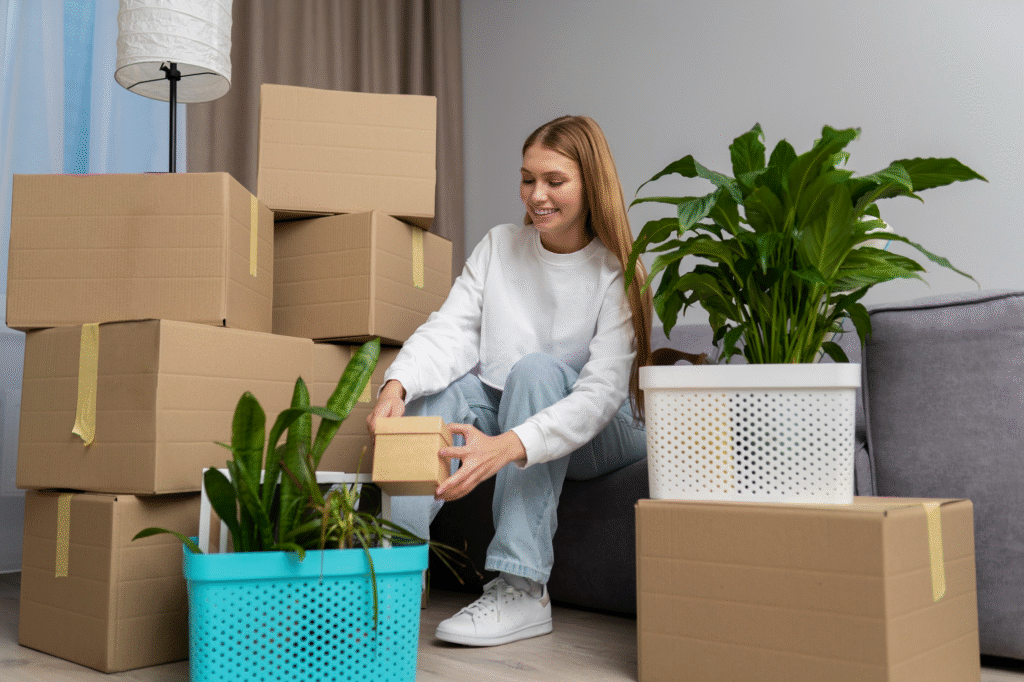 Woman packing items at home for local self-storage