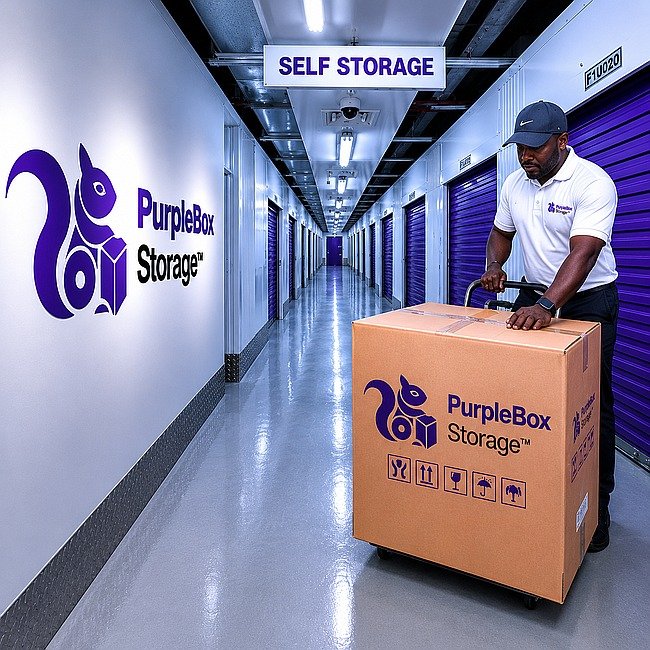 Team member moving boxes into a storage corridor