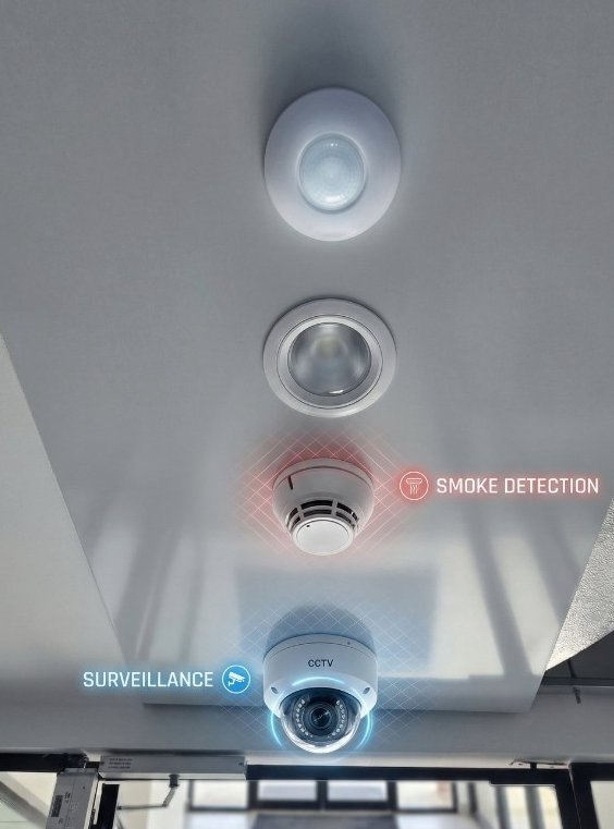CCTV camera and smoke detector on the facility ceiling