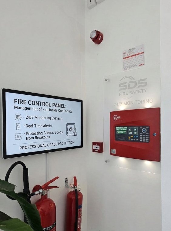 Fire control panel with 24/7 monitoring and fire extinguishers