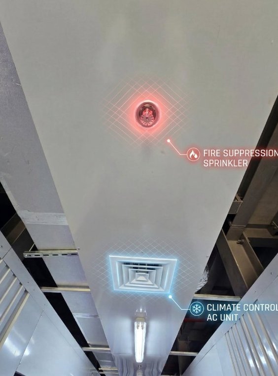 Fire suppression sprinkler and AC unit on a corridor ceiling